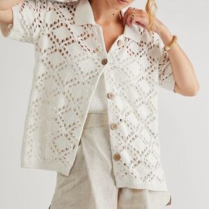 Women's white Knit Short Sleeve Button Cardigan